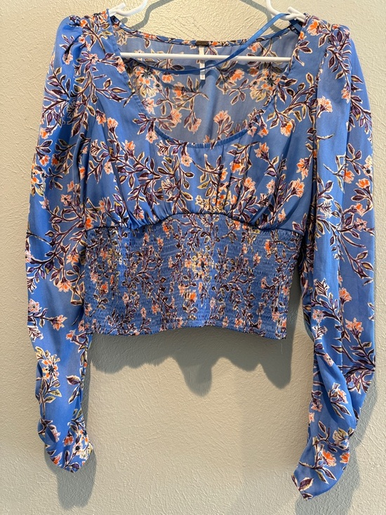 Free People Tops - Free People Blue Floral Smocked Crop Blouse